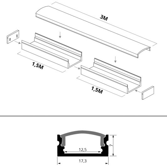 Aluminium LED Streifen Profil Aufbau 3M - 7 mm hoch - komplett mit Abdeckkappe