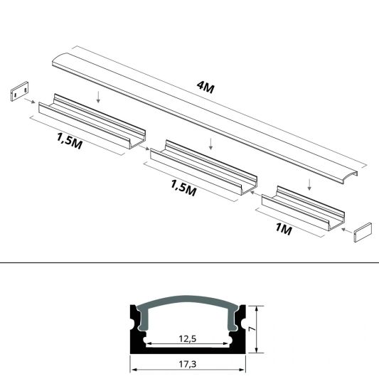 Aluminium LED Streifen Profil Aufbau 4M - 7 mm hoch - komplett mit Abdeckkappe
