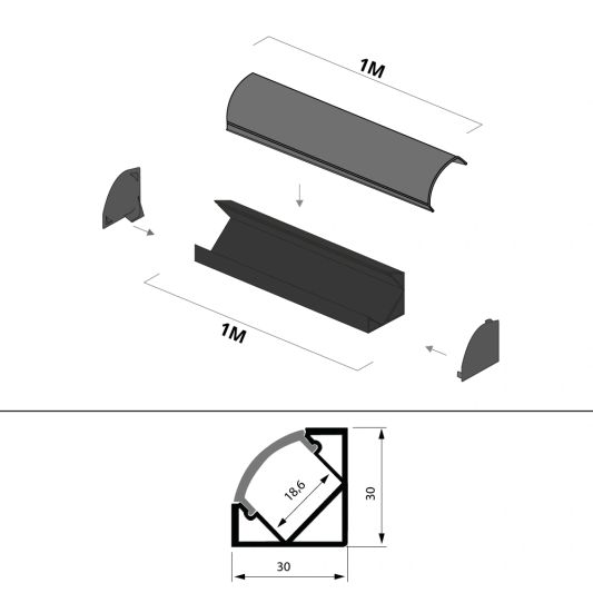 Aluminium Led Streifen Eckprofil schwarz 1M breit - Komplett mit Abdeckkappe