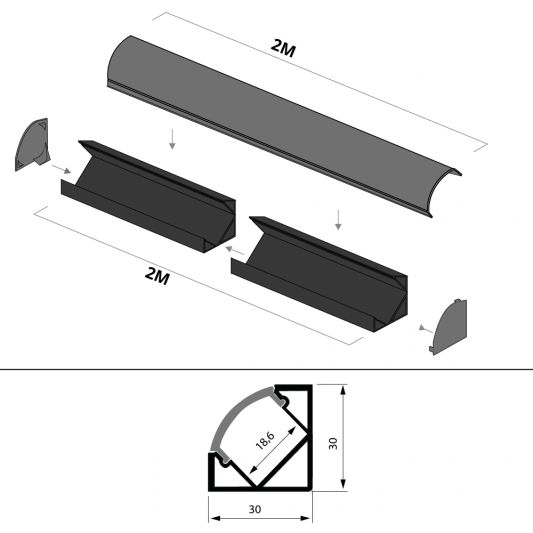 Aluminium Led Streifen Eckprofil schwarz 2M breit - Komplett mit Abdeckkappe