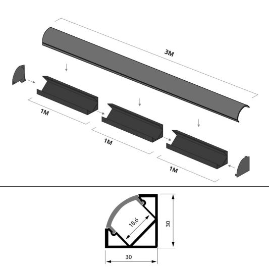 Aluminium Led Streifen Eckprofil schwarz 3M breit - Komplett mit Abdeckkappe