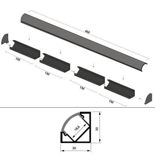 Aluminium Led Streifen Eckprofil schwarz 4M breit - Komplett mit Abdeckkappe