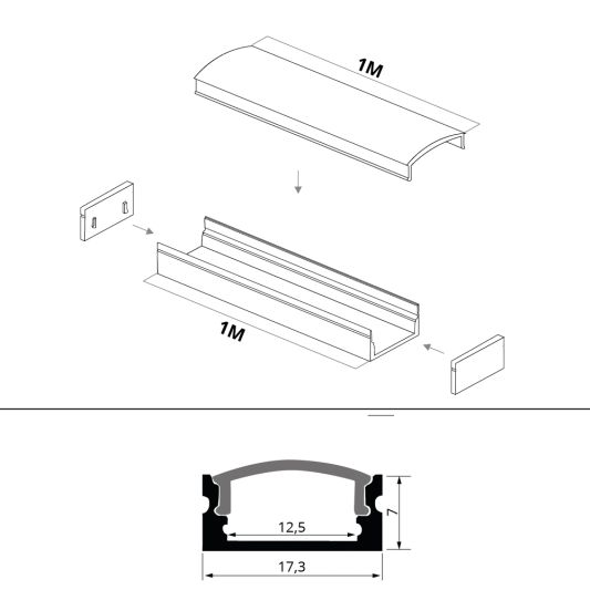 Aluminium LED Streifen Aufbauprofil 1M - 7 mm hoch - komplett mit Abdeckung