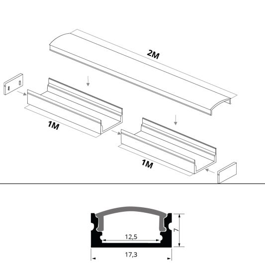 Aluminium LED Streifen Profil Aufbau 2M - 7 mm hoch - komplett mit Abdeckkappe