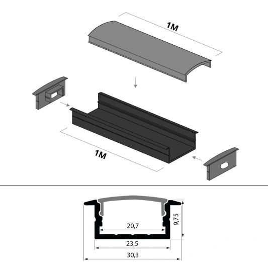 Aluminium Led Streifen Profil schwarz Einbau 1M - breit und niedrig - komplett mit Abdeckkappe