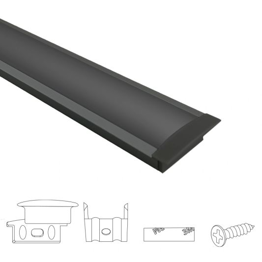 Aluminium Led Streifen Profil schwarz Einbau 2M - breit und niedrig - komplett mit Abdeckkappe