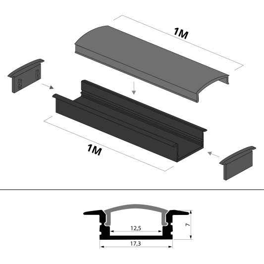 Aluminium LED Streifen Profil schwarz Einbau 1M Slim Line - 7 mm hoch - komplett mit AbschlusskAppe