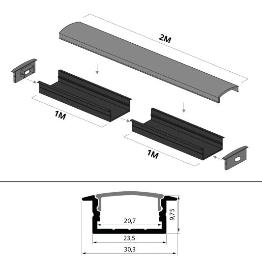 Aluminium Led Streifen Profil schwarz Einbau 2M - breit und niedrig - komplett mit Abdeckkappe