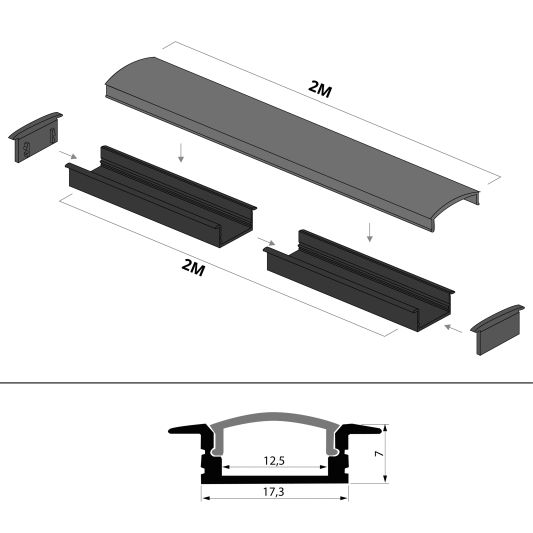 Aluminium LED Streifen Profil schwarz Einbau 2M Slim Line - 7 mm hoch - komplett mit AbschlusskAppe