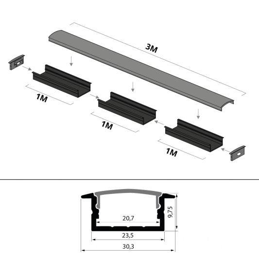 Aluminium Led Streifen Profil schwarz Einbau 3M - breit und niedrig - komplett mit Abdeckkappe