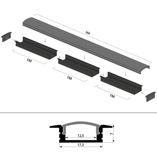 Aluminium LED Streifen Profil schwarz Einbau 3M Slim Line - 7 mm hoch - komplett mit AbschlusskAppe