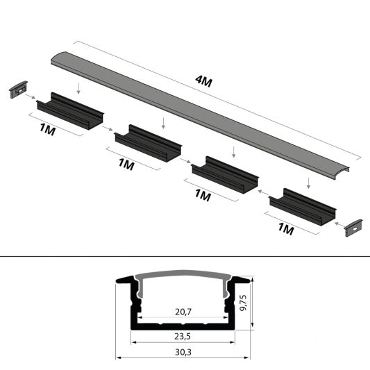 Aluminium Led Streifen Profil schwarz Einbau 4M - breit und niedrig - komplett mit Abdeckkappe