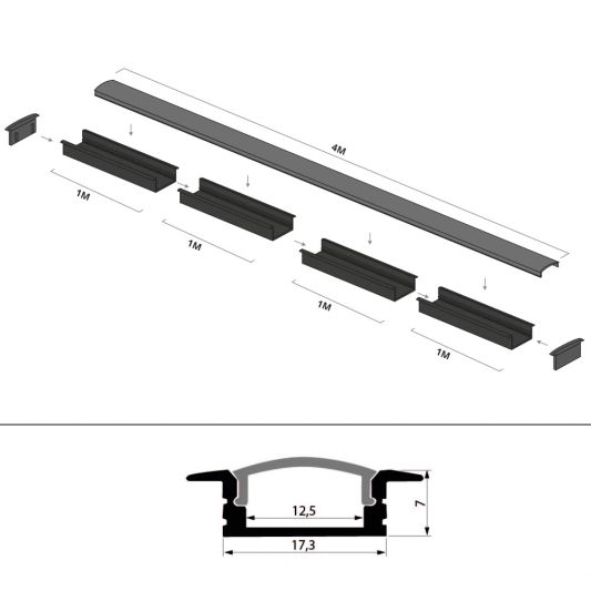 Aluminium LED Streifen Profil schwarz Einbau 4M Slim Line - 7 mm hoch - komplett mit AbschlusskAppe