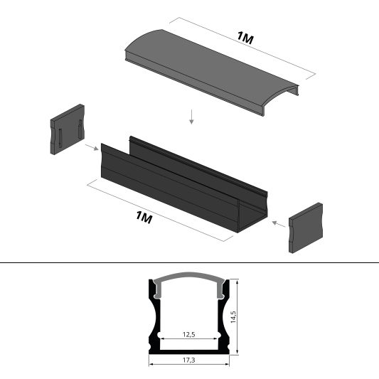 Aluminium LED Streifen Profil schwarz Aufbau 1M - 15 mm hoch - komplett mit AbschlusskAppe