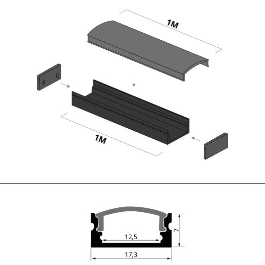 Aluminium LED Streifen Profil schwarz Aufbau 1M - 7 mm hoch - komplett mit Abdeckkappe