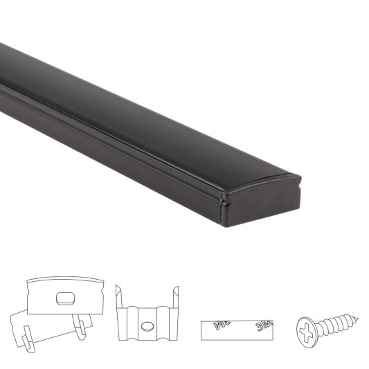 Aluminium LED Streifen Profil schwarz Aufbau 1M - 7 mm hoch - komplett mit Abdeckkappe