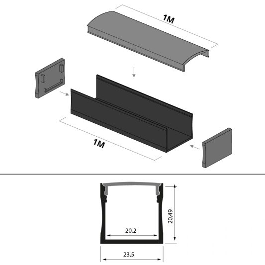 Aluminium Led Streifen Profil schwarz Aufbau 1M - breit und hoch - komplett mit Abdeckkappe