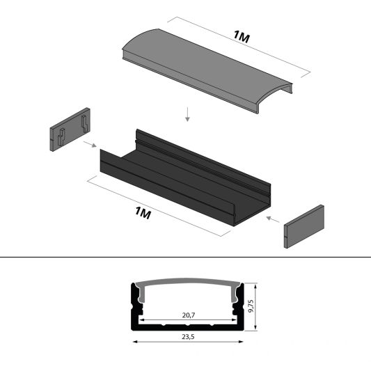 Aluminium Led Streifen Profil schwarz Aufbau 1M - breit und niedrig - komplett mit Abdeckkappe