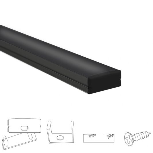 Aluminium Led Streifen Profil schwarz Aufbau 1M - breit und niedrig - komplett mit Abdeckkappe