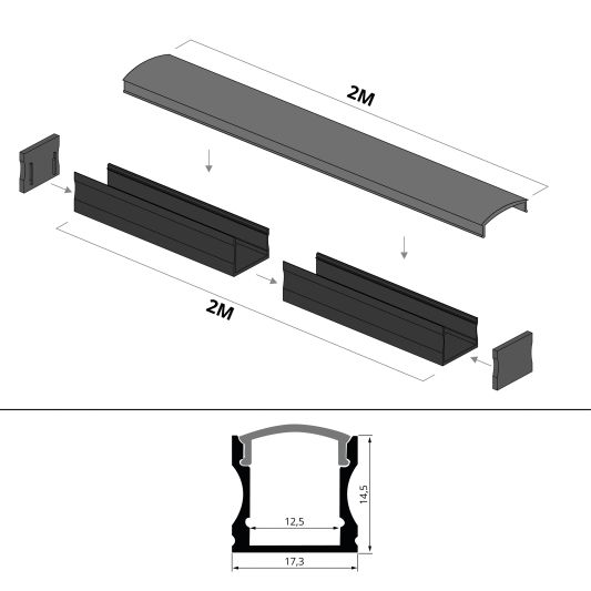 Aluminium LED Streifen Profil schwarz Aufbau 2M - 15 mm hoch - komplett mit AbschlusskAppe