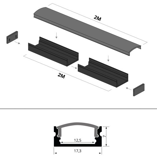 Aluminium LED Streifen Profil schwarz Aufbau 2M - 7 mm hoch - komplett mit AbschlusskAppe