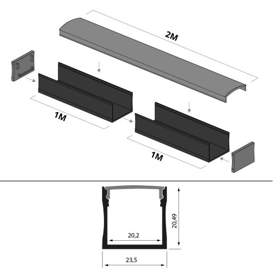 Aluminium Led Streifen Profil schwarz Aufbau 2M - breit und hoch - komplett mit Abdeckkappe