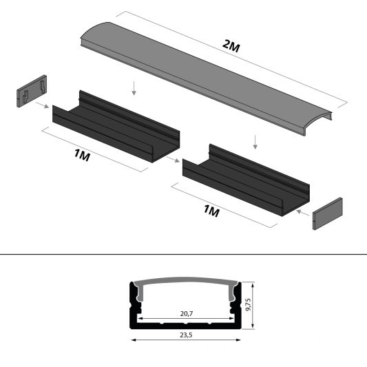 Aluminium Led Streifen Profil schwarz Aufbau 2M - breit und niedrig - komplett mit Abdeckkappe