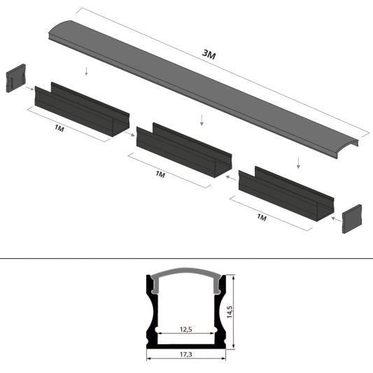 Aluminium LED Streifen Profil schwarz Aufbau 3M - 15 mm hoch - komplett mit AbschlusskAppe