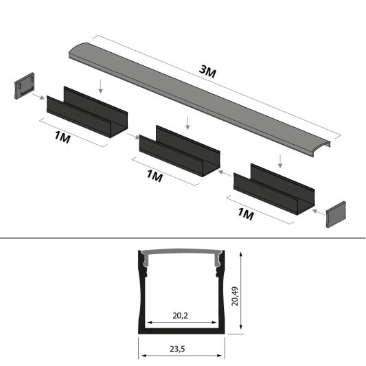 Aluminium Led Streifen Profil schwarz Aufbau 3M - breit und hoch - komplett mit Abdeckkappe