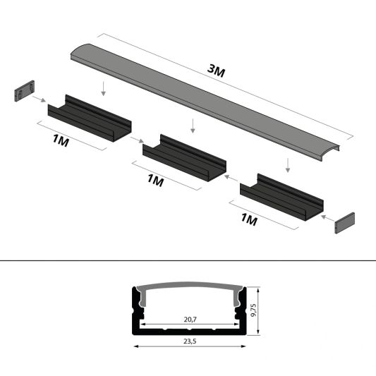 Aluminium Led Streifen Profil schwarz Aufbau 3M - breit und niedrig - komplett mit Abdeckkappe