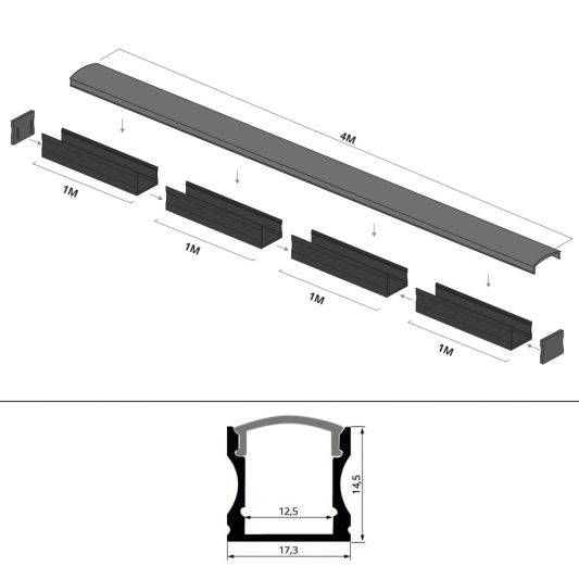 Aluminium LED Streifen Profil schwarz Aufbau 4M - 15 mm hoch - komplett mit AbschlusskAppe