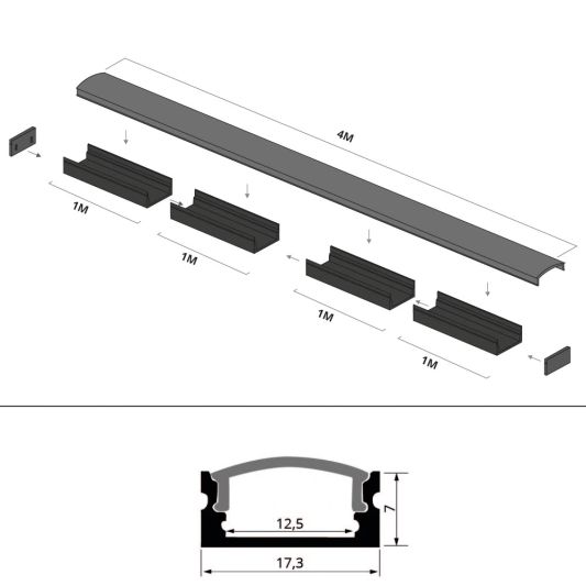 Aluminium LED Streifen Profil schwarz Aufbau 4M - 7 mm hoch - komplett mit AbschlusskAppe