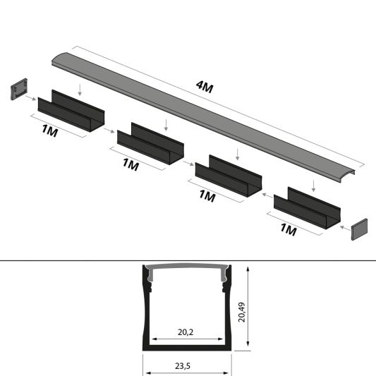 Aluminium Led Streifen Profil schwarz Aufbau 4M - breit und hoch - komplett mit Abdeckkappe