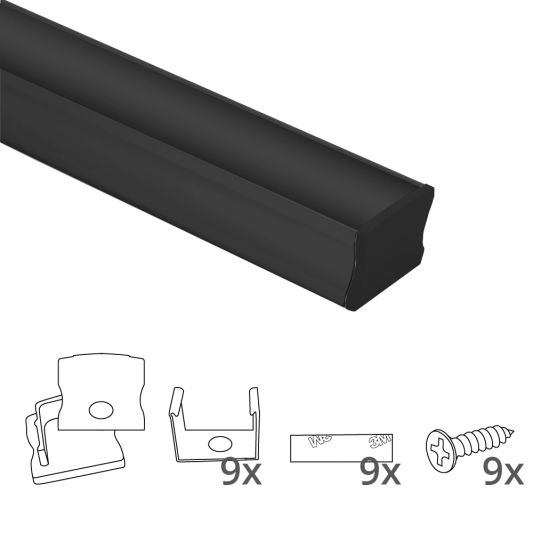 Aluminium Led Streifen Profil schwarz Aufbau 4M - breit und hoch - komplett mit Abdeckkappe