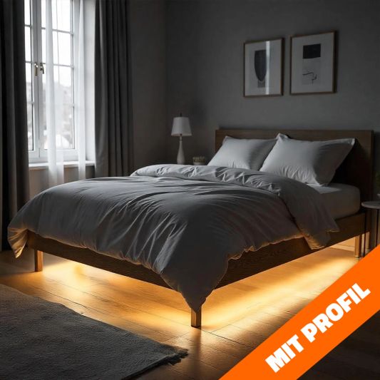 Bettbeleuchtung 2 Seiten komplettes Set 2 Meter LED Streifen Warmweiß mit Bewegungssensor und Eckprofil