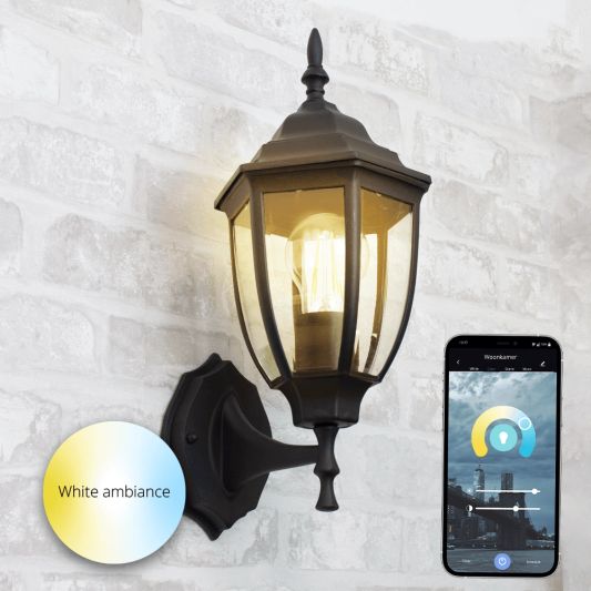 Klassische schwarze Wandleuchte für den Außenbereich mit E27 Zigbee LED Glühbirne