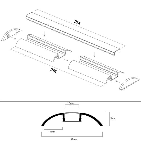 Led Profil 2 Meter für Bodenmontage 10 mm - gewölbte Ausführung
