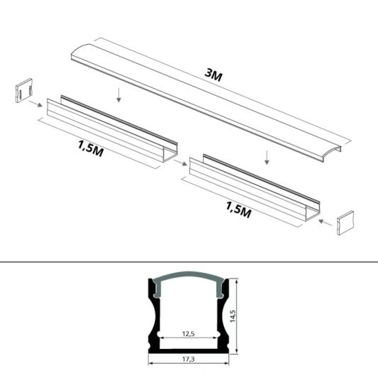 Led Streifen Profil Aufbau hohes Modell - komplett inklusiv Abschlusskappe 3 Meter 15 mm