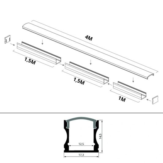 Led Streifen Profil Aufbau hohes Modell - komplett inklusiv Abschlusskappe 4 Meter 15 mm