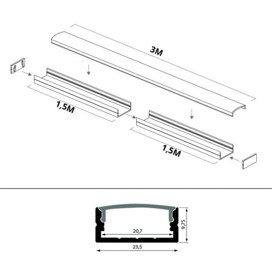 LED Streifen Profil breit Aufbau niedrig 3 Meter