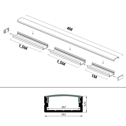 LED Streifen Profil breit Aufbau niedrig 4 Meter