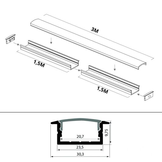 LED Streifen Profil breit Einbau niedrig 3 Meter