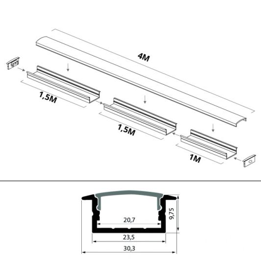 LED Streifen Profil breit Einbau niedrig 4 Meter