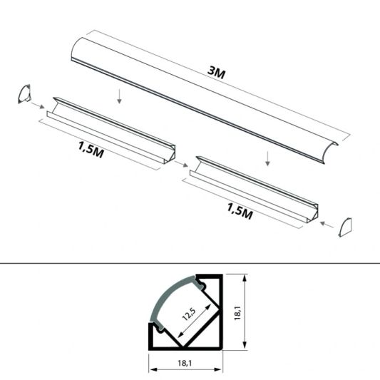 Led Streifen Profil Ecke Slim line - komplett inklusiv Abschlusskappe 3 Meter