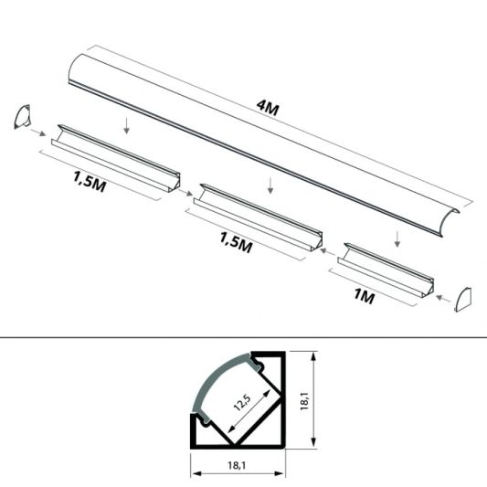 Led Streifen Profil Ecke Slim line - komplett inklusiv Abschlusskappe von 4 Meter