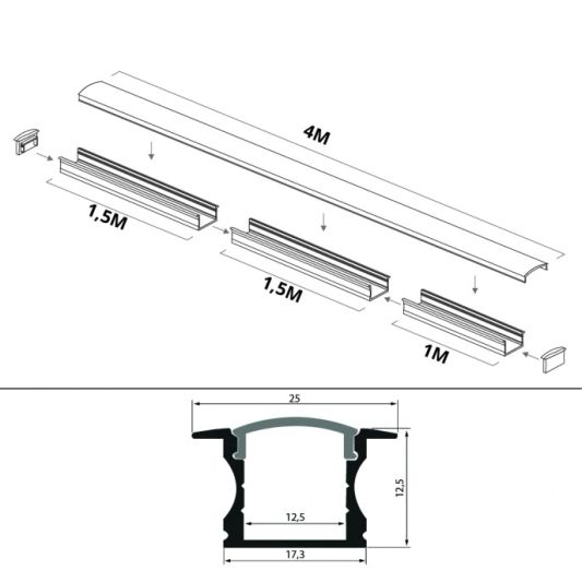 Led Streifen Profil Einbau hohes Modell- komplett mit Abschlusskappe 15 mm hoch