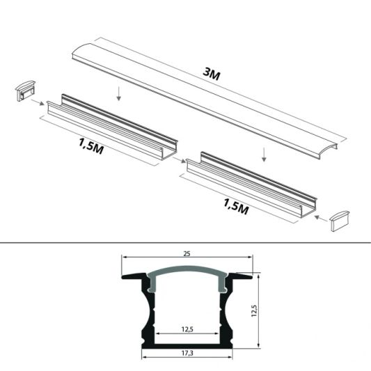 Led Streifen Profil Einbau hohes Modell- komplett mit Abschlusskappe 3 Meter 15 mm hoch