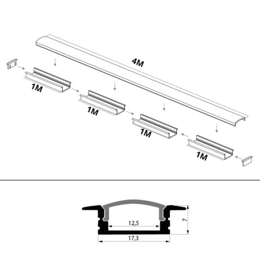 Led Streifen Profil Einbau tiefes Modell - komplett inklusiv Abschlusskappe 4 Meter 7 mm