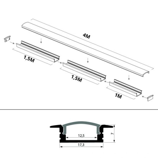 Led Streifen Profil Einbau tiefes Modell - komplett inklusiv Abschlusskappe 4 Meter 7 mm