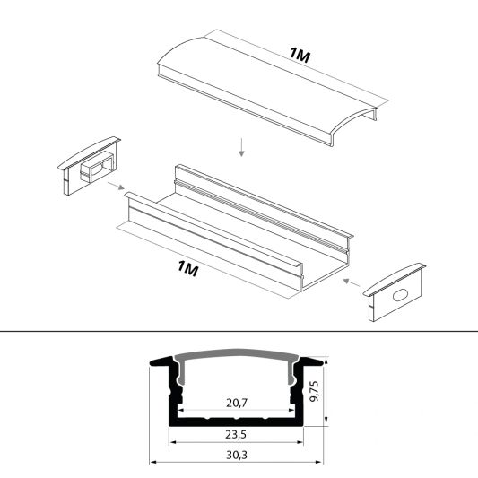 Led Streifen Profil breit Einbau flach 1 Meter